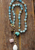 Boho Necklace, Mala Necklace,Blue Aquamarine, Rose Charm, Elegant Lariat